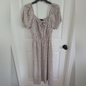 WHO WHAT WEAR Women Ivory Black Leaf Blouson Puff Short Sleeve Midi Dress Medium